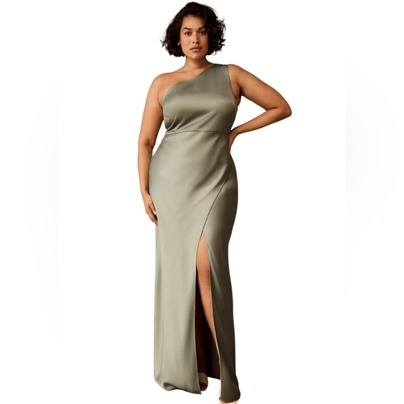 Anthropologie BHLDN Dylan One Shoulder Satin Side Slit Gown Maxi Dress Size 12 - Picture 1 of 14